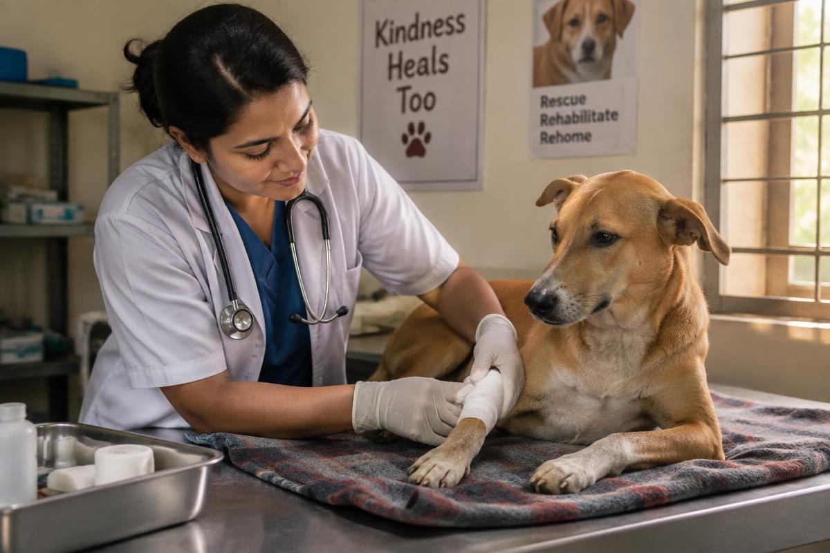 Street dog receiving safe shelter